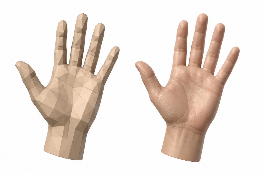 Vergelijking van een low-poly mesh (links, hoekig) en high-poly mesh (rechts, gladder) op een hand