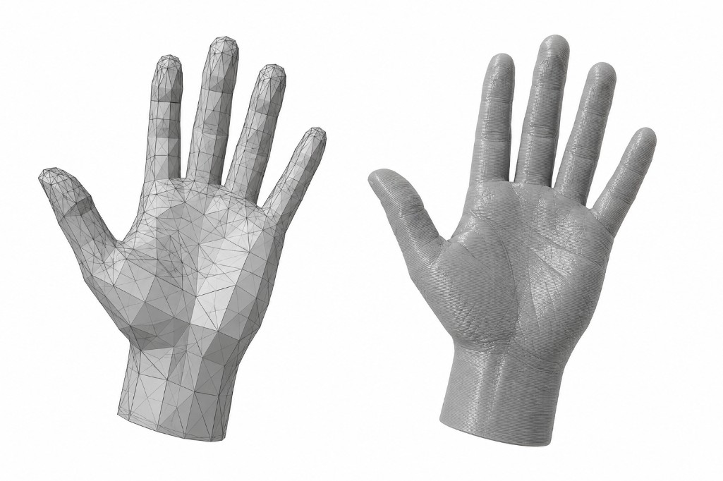 Links een wireframe 3D-model, rechts het geprinte product